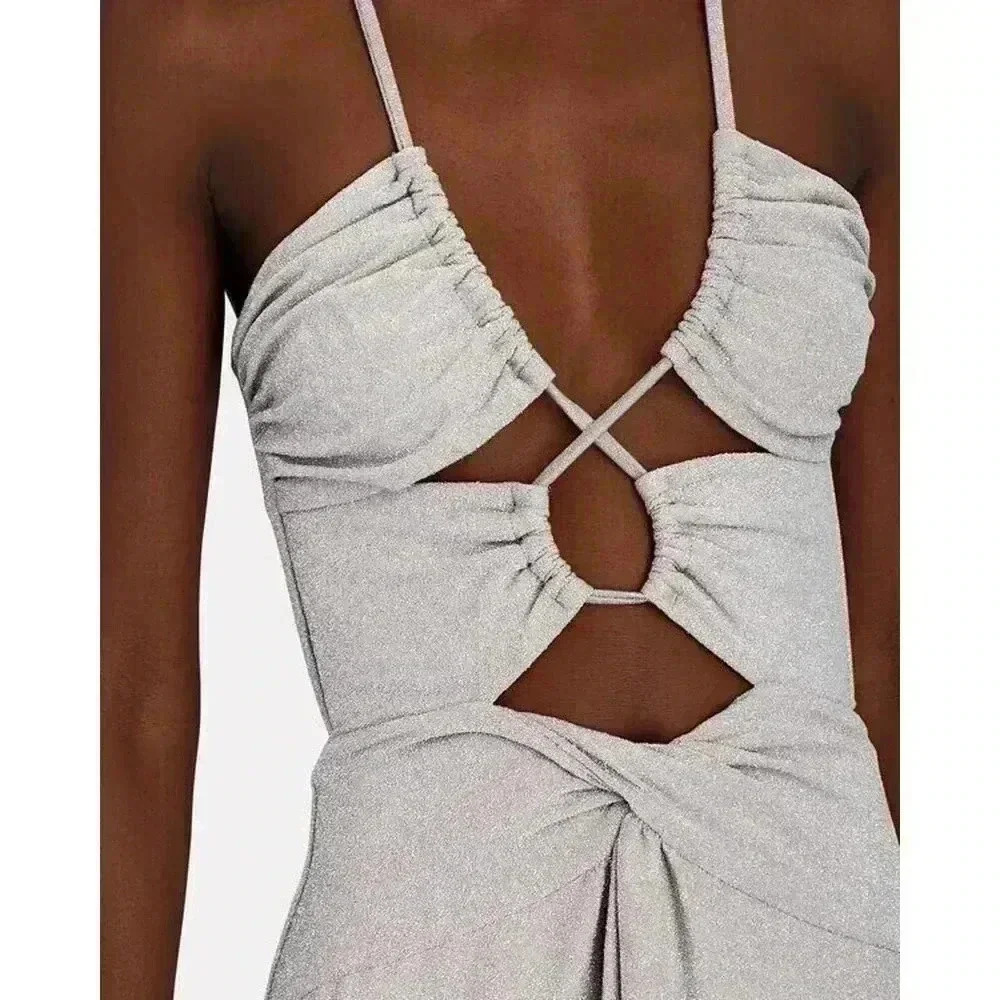PATBO Cut-Out Lurex Maxi Dress 8 NWT Silver Sparkle Gown Shimmering Strappy $695 - Picture 4 of 14